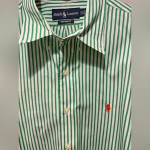 Polo Ralph Lauren Green White Striped Long Sleeve Button Down Size 17.5